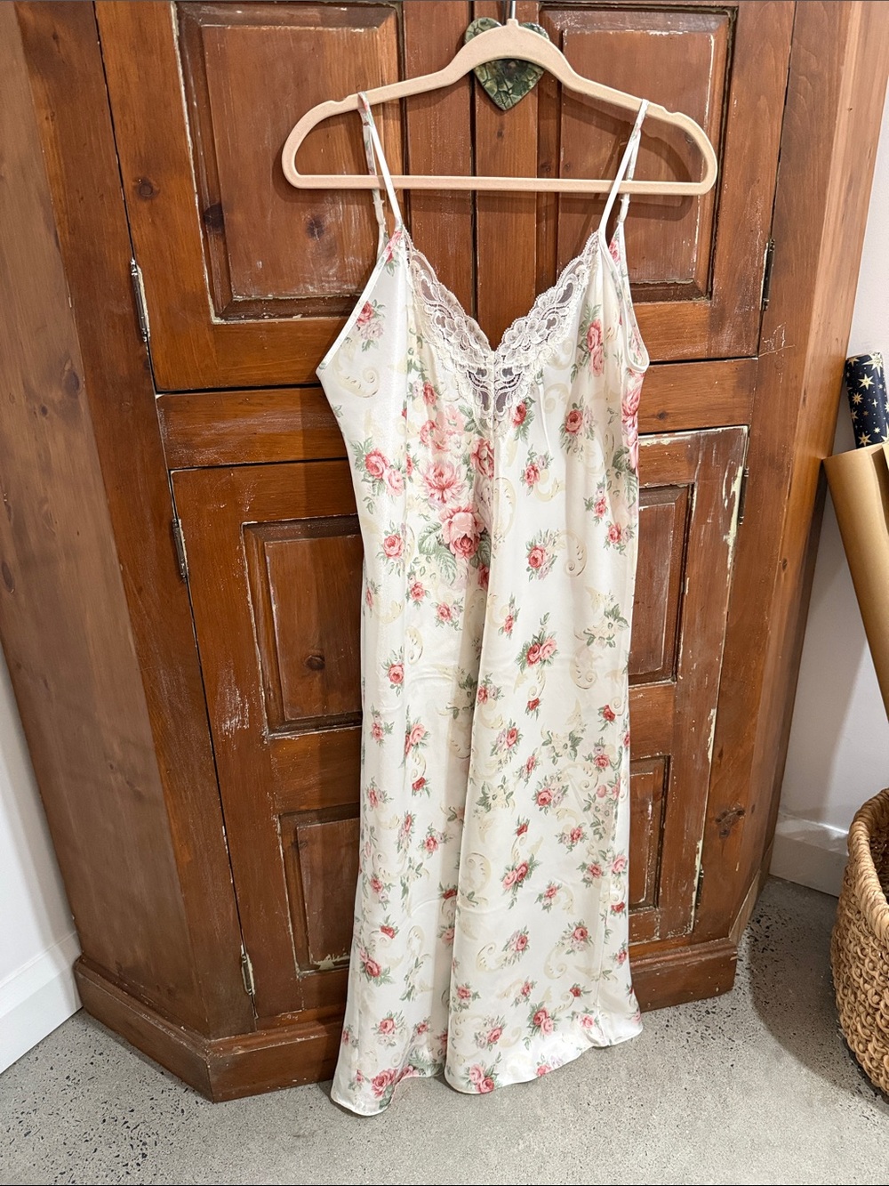 Vintage Cream Floral Slip with Pink Rose Print